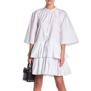 TOV Kimono Sleeve Tiered Ruffle Poplin Mini Shirt Dress in White Size 42 L NWT